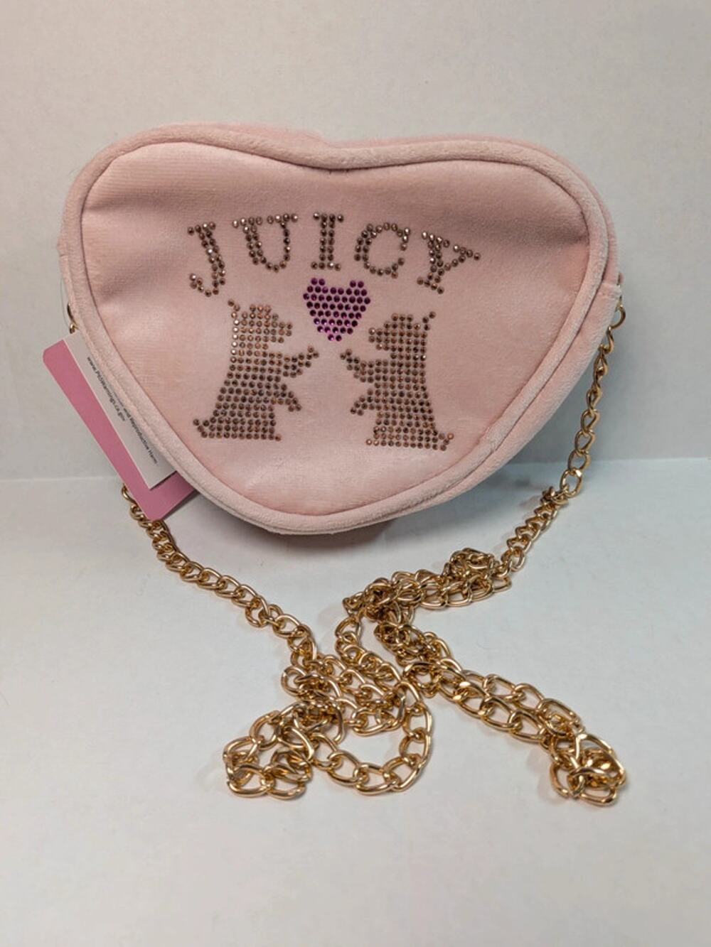 NWT Juicy Couture kids Pink Velvet Heart Crossbody Bag Rhinestone Dog Gold Chain